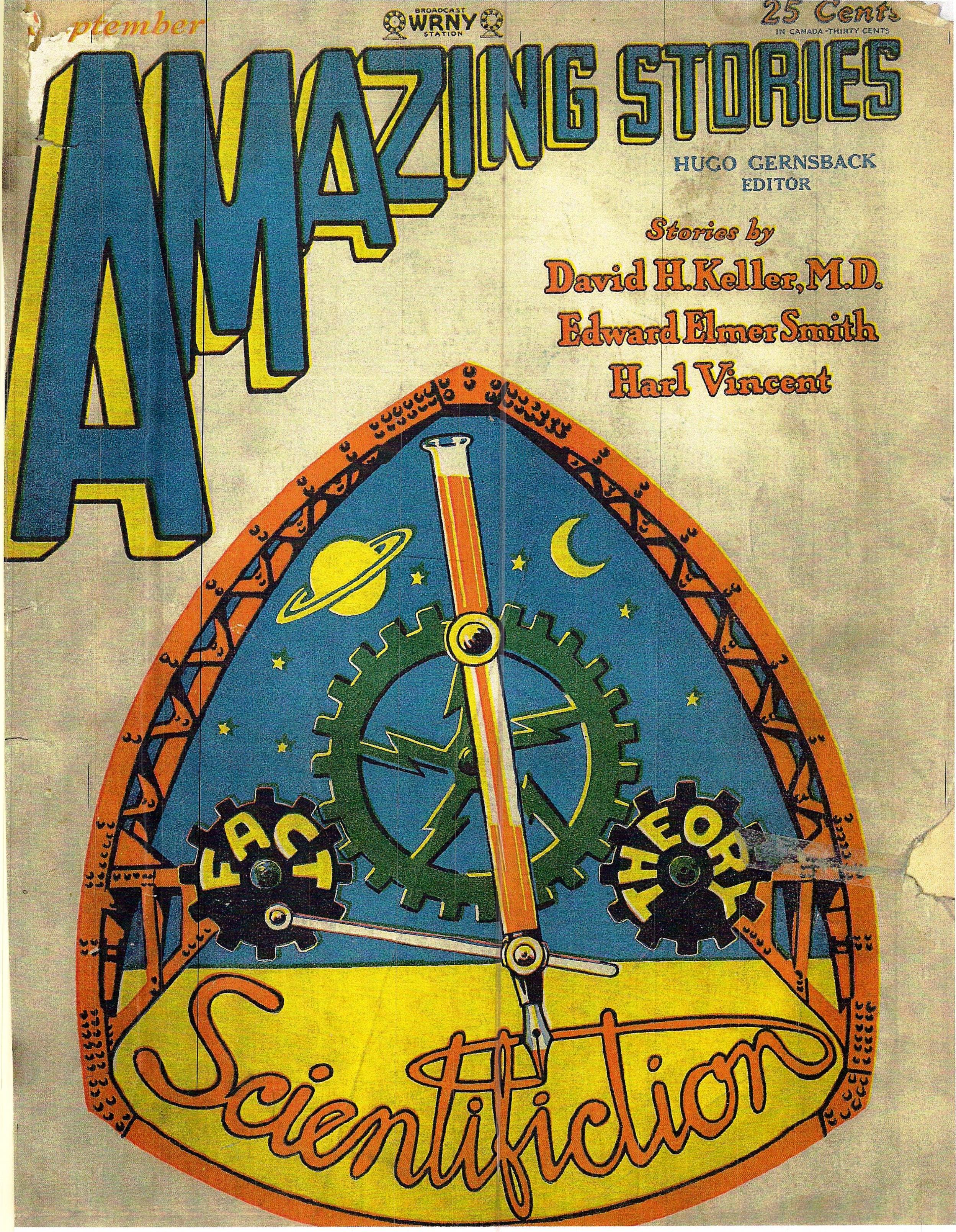Cover of Amazing Stories, September 1928, featuring a logo with script text reading scientifiction.